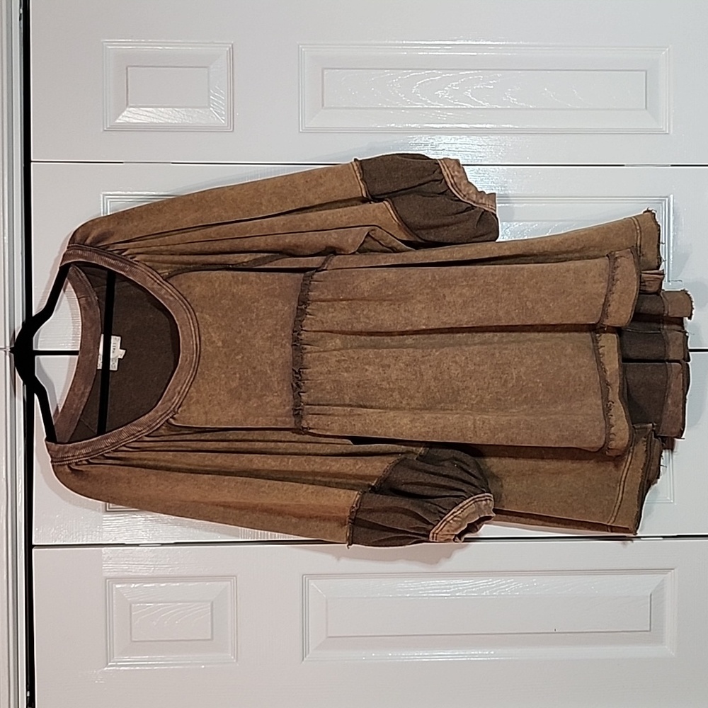 Oli & Hali Mineral Washed Oversized Babydoll Dress Distressed Tan Brown SZ L EUC